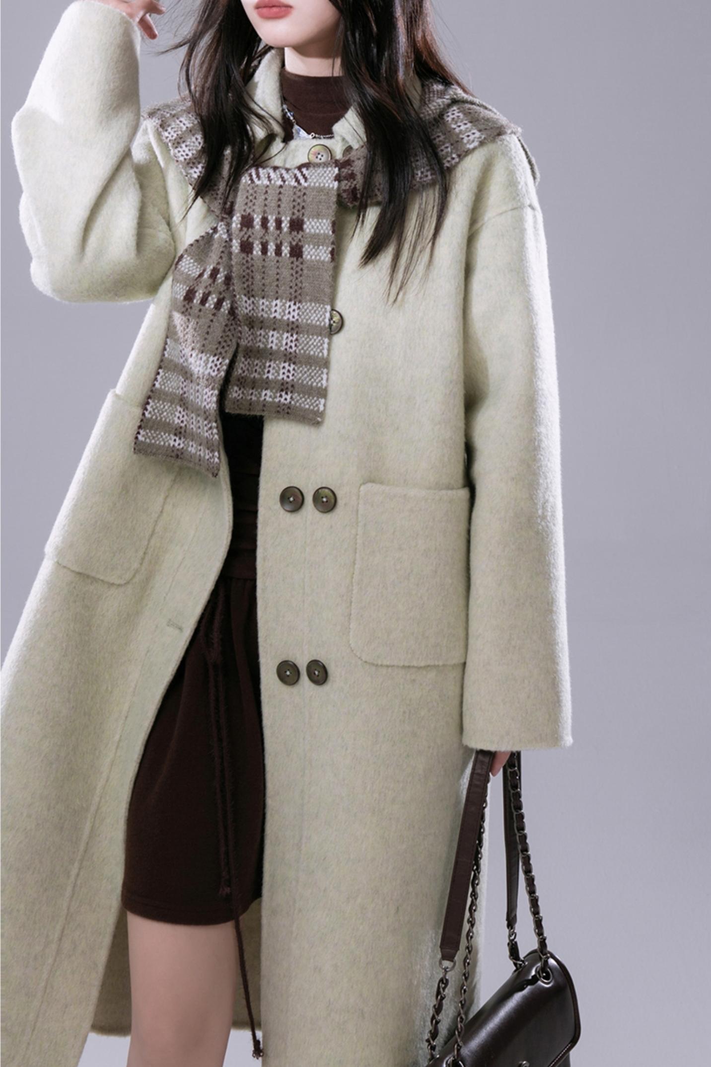 COTRE Yeonnam-dong Street Check Lost Green Wool Hood Collar + Wool Tweed Coat