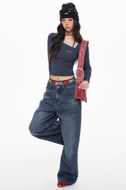 Vintage Blue Beaded Wide-Leg Jeans