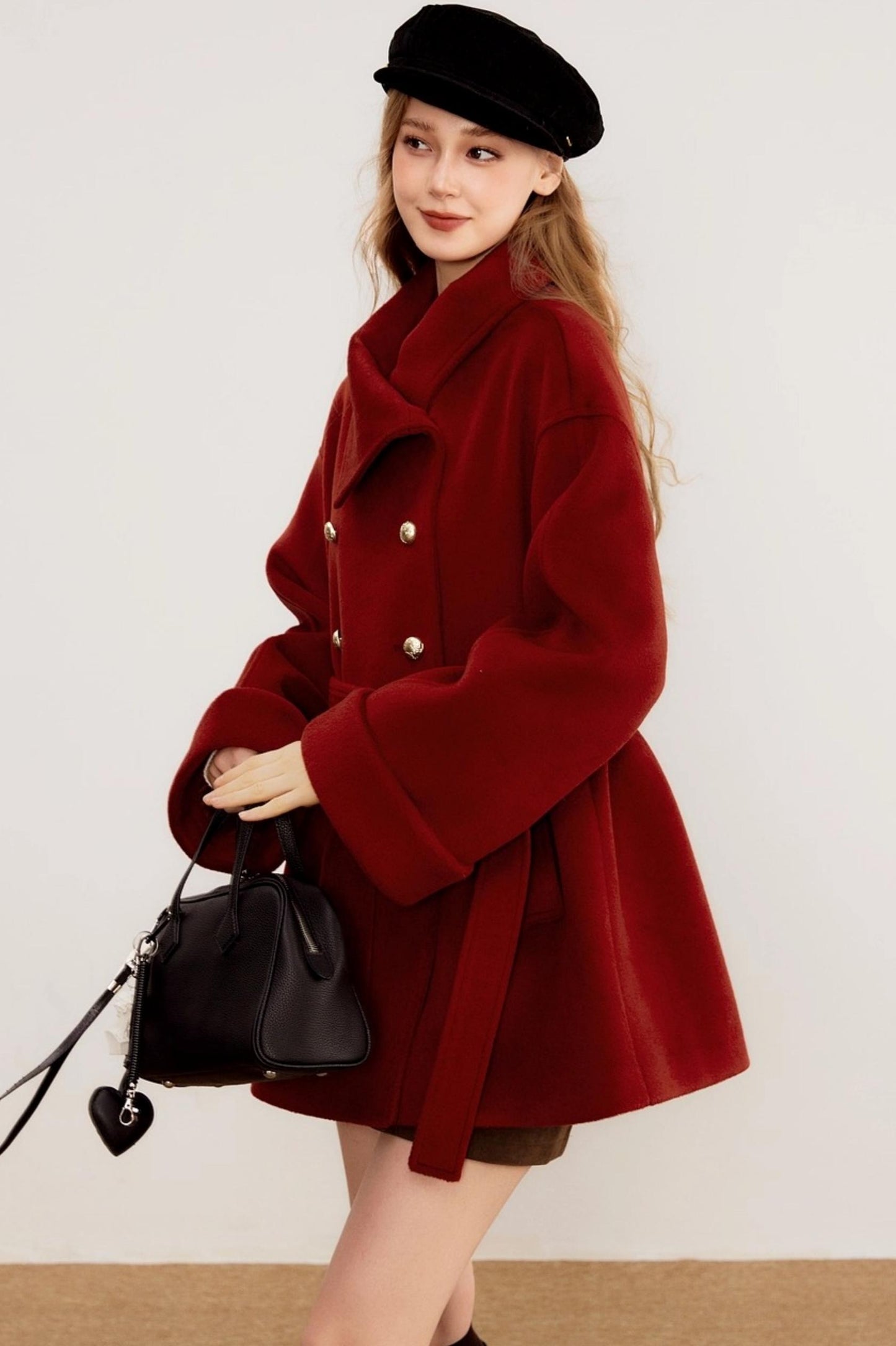 Red Woolen Waist-Cinching Coat