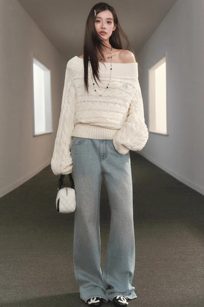 Slanted Shoulder Knit Sweater Set-Up