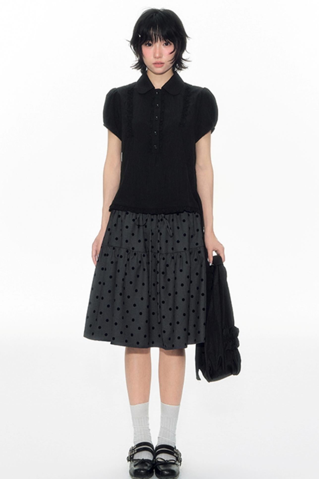 Flocked Polka Dot Umbrella Retro Skirt Set-Up