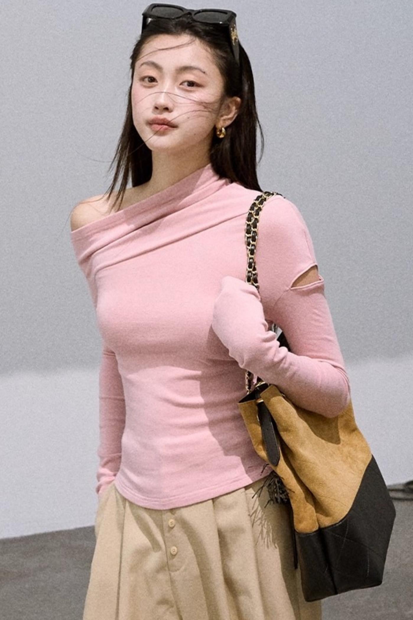 Slanted Shoulder Knit Base Layer Top
