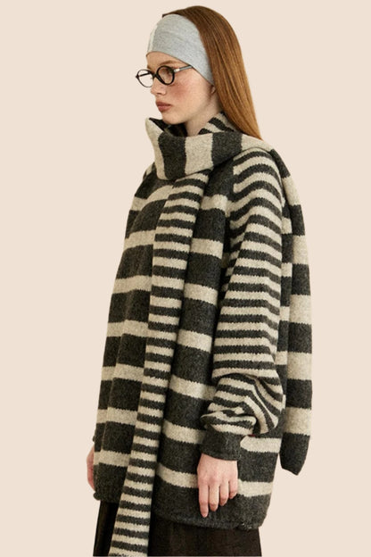 Thickened Striped Loose Knit Top Scarf Set