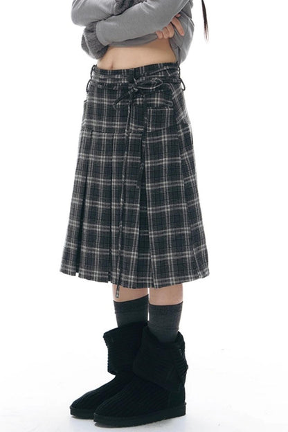Double Waist Plaid Woolen Pleated Midskirt