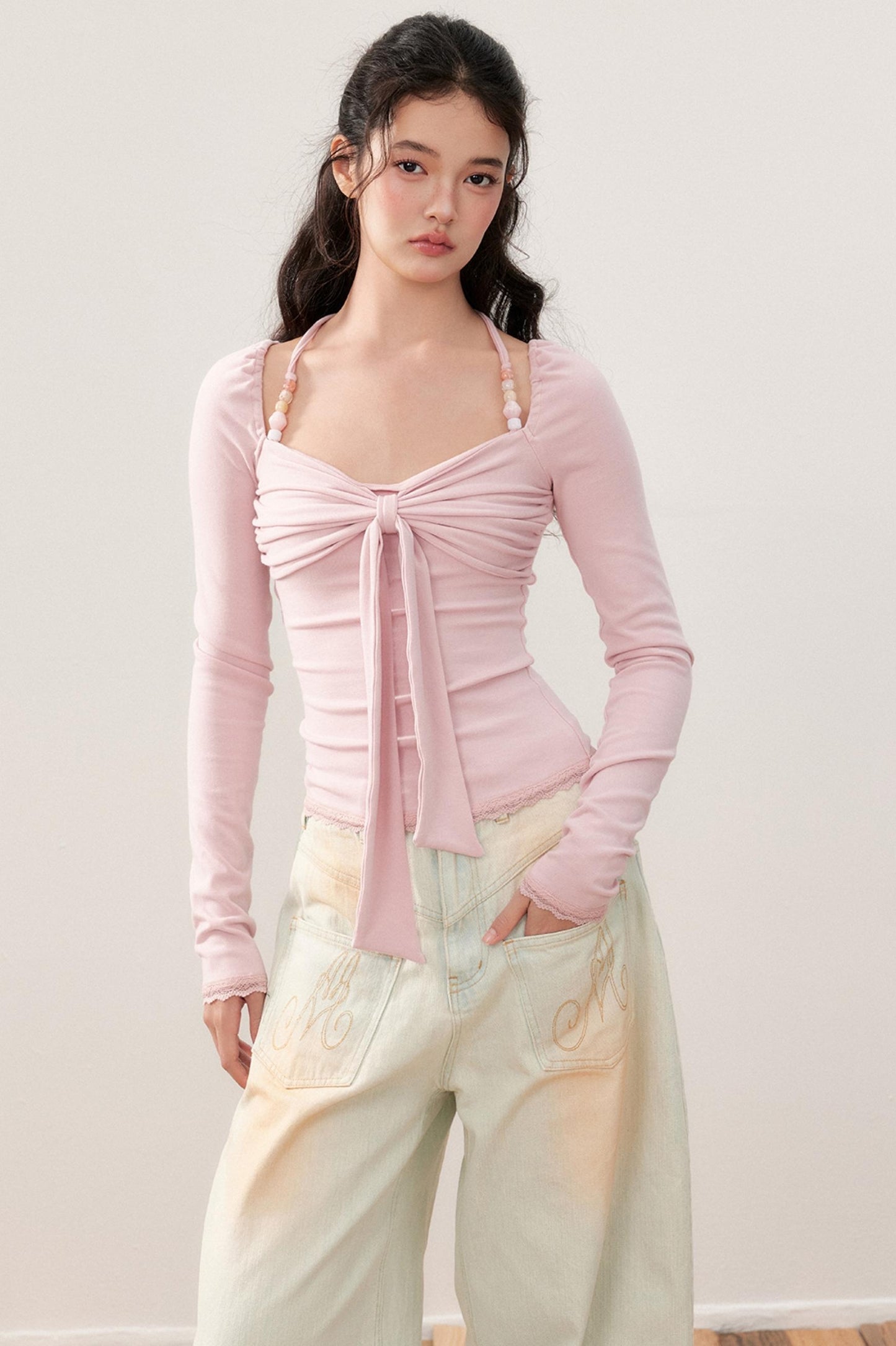 Pleated Bow Beaded Halterneck Top