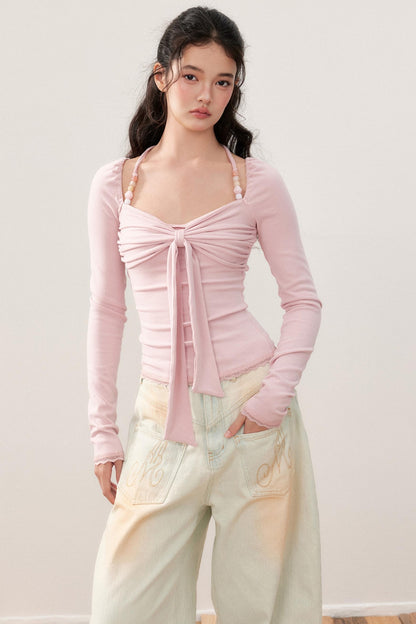 Pleated Bow Beaded Halterneck Top