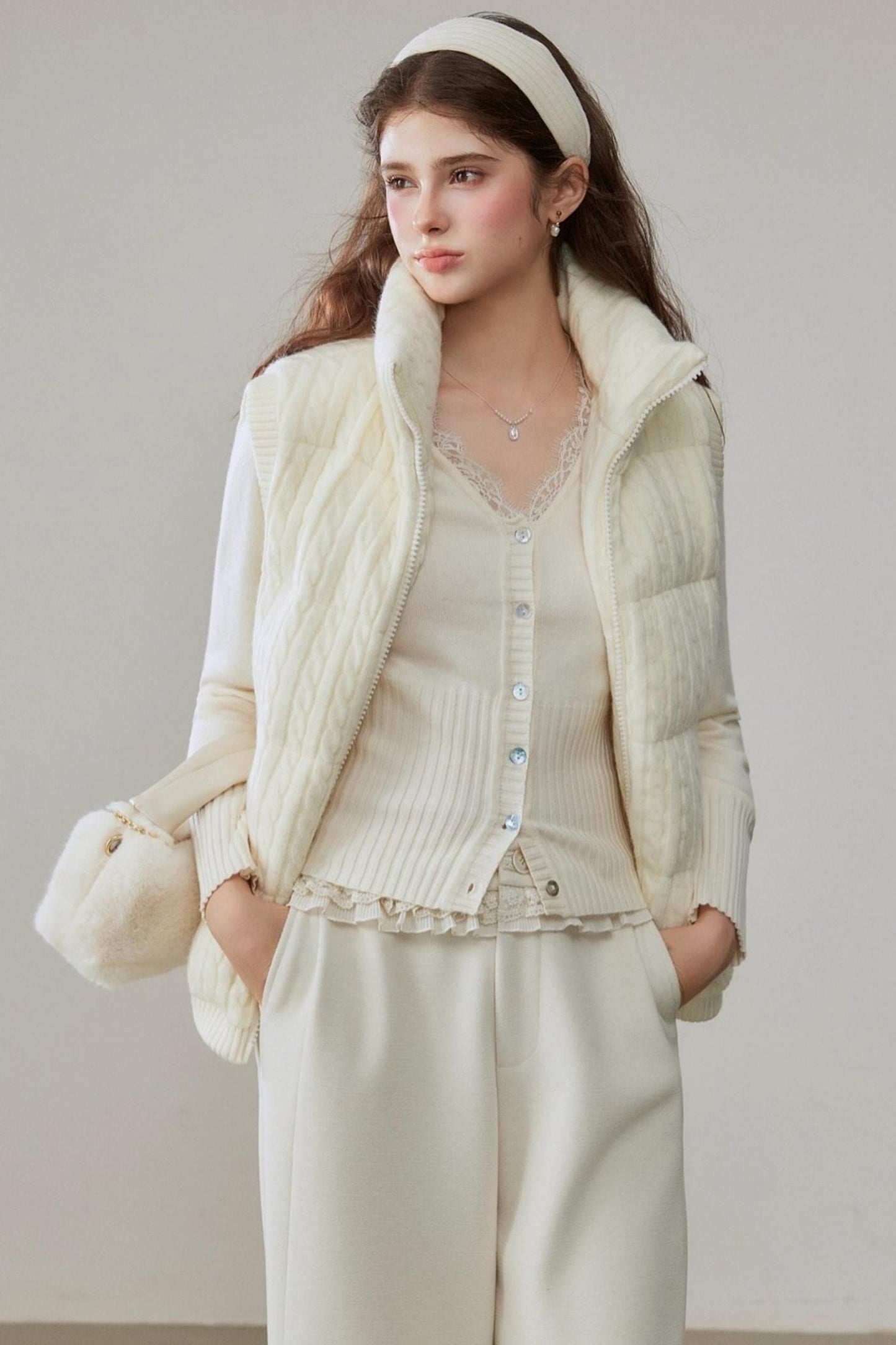 Warm White Stand Collar Vest Jacket