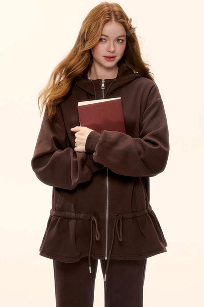 Hooded Drawstring Fleece Jacket Set-Up