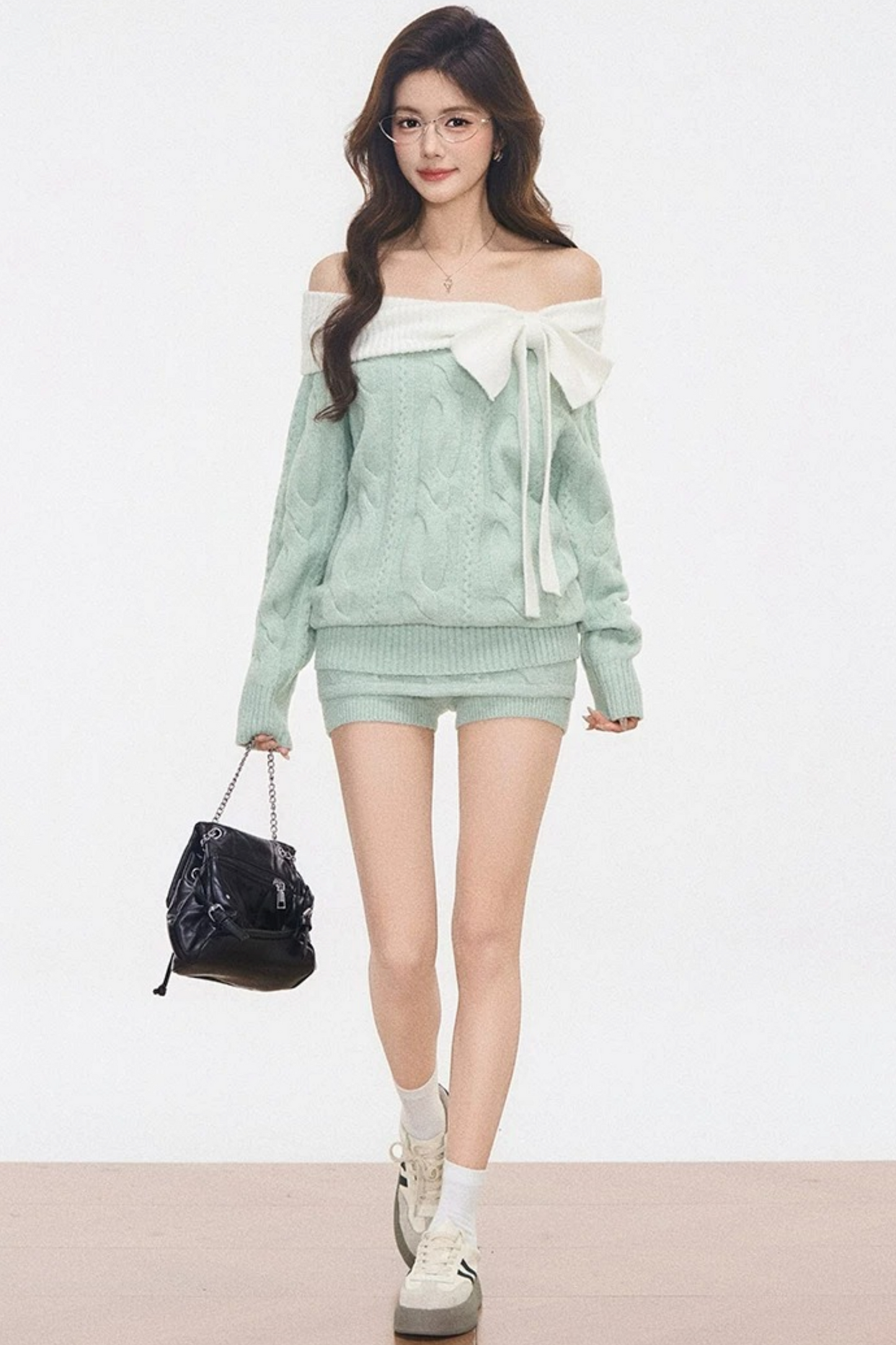 Lace-Up Off-Shoulder Knitted Sweater Set-Up