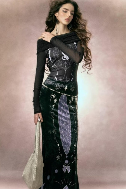 Hand-Painted Velvet Fishtail Skirt