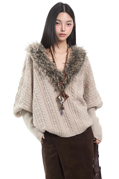 V-Neck Cable Knit Fur Collar Sweater