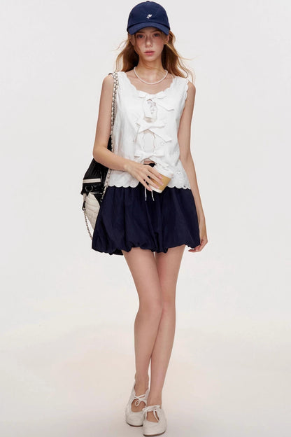 Romantic Wavy Edge Embroidery Strappy Vest Set-Up