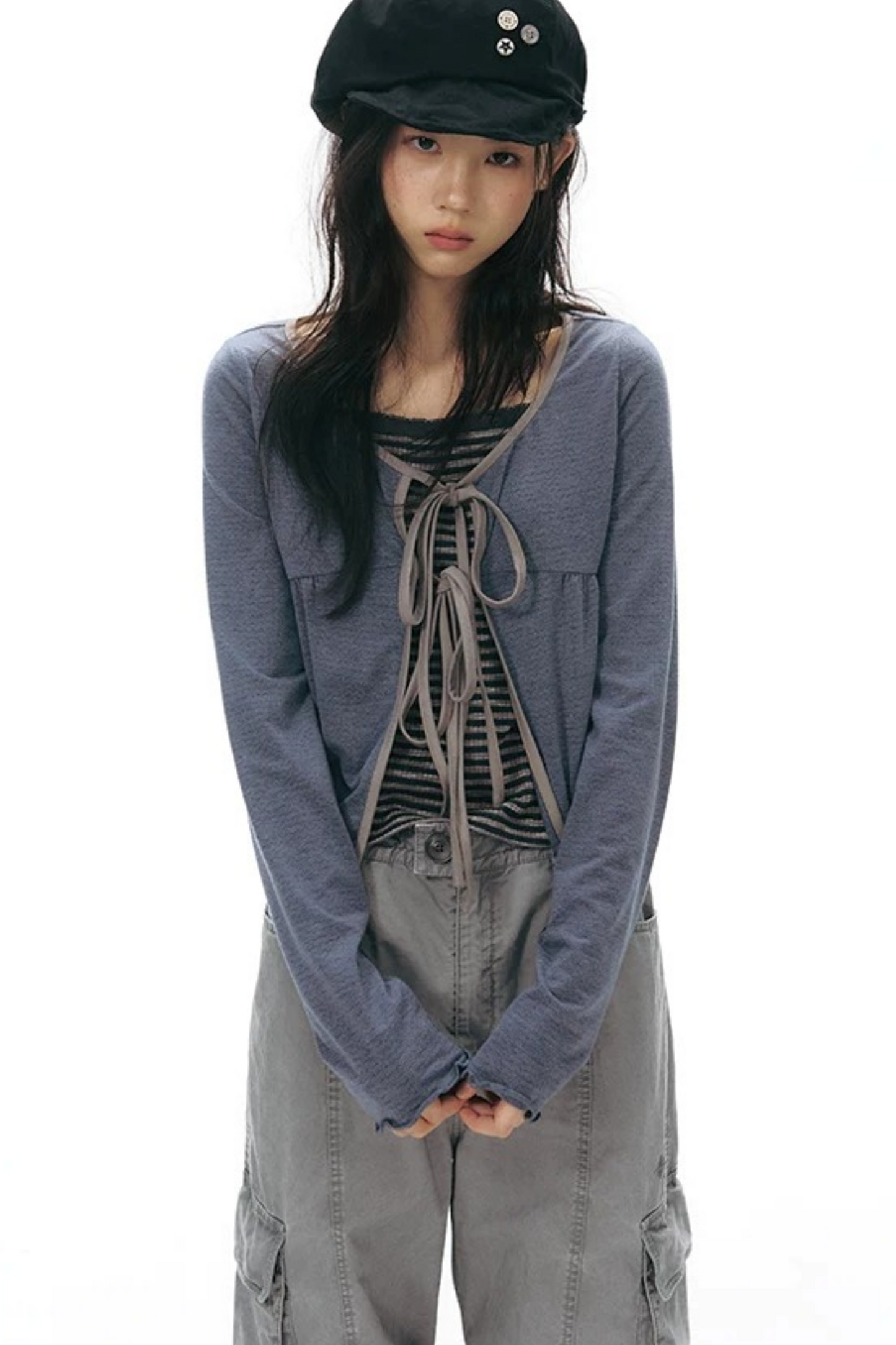 Lace-Up Ruffle Knit Cardigan