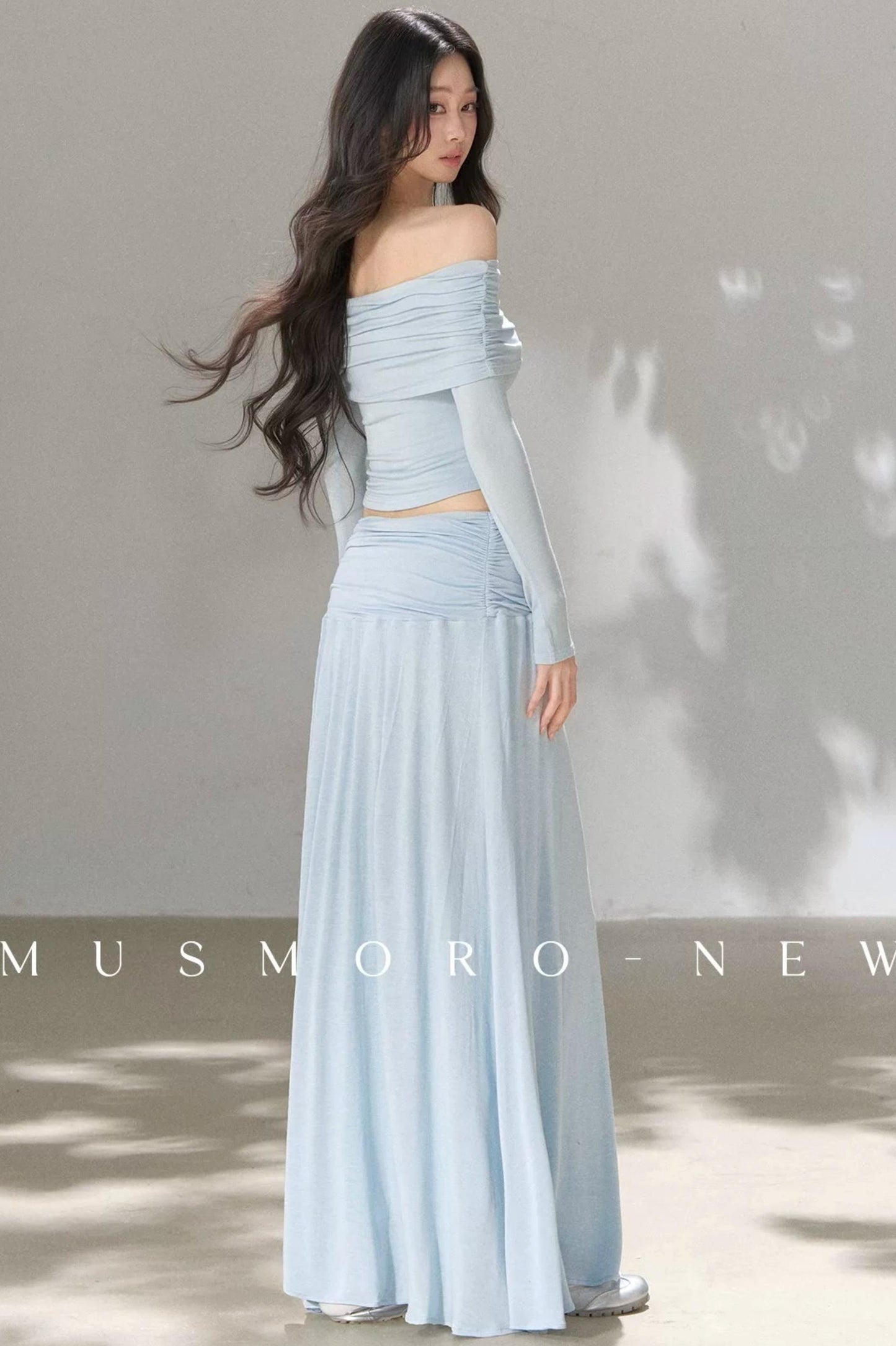 Pleated One-Shoulder Knit and Skirt Set-Up