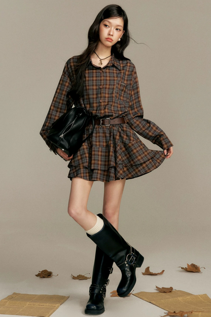 Shawl Paired Plaid Dress With Belt Set-Up