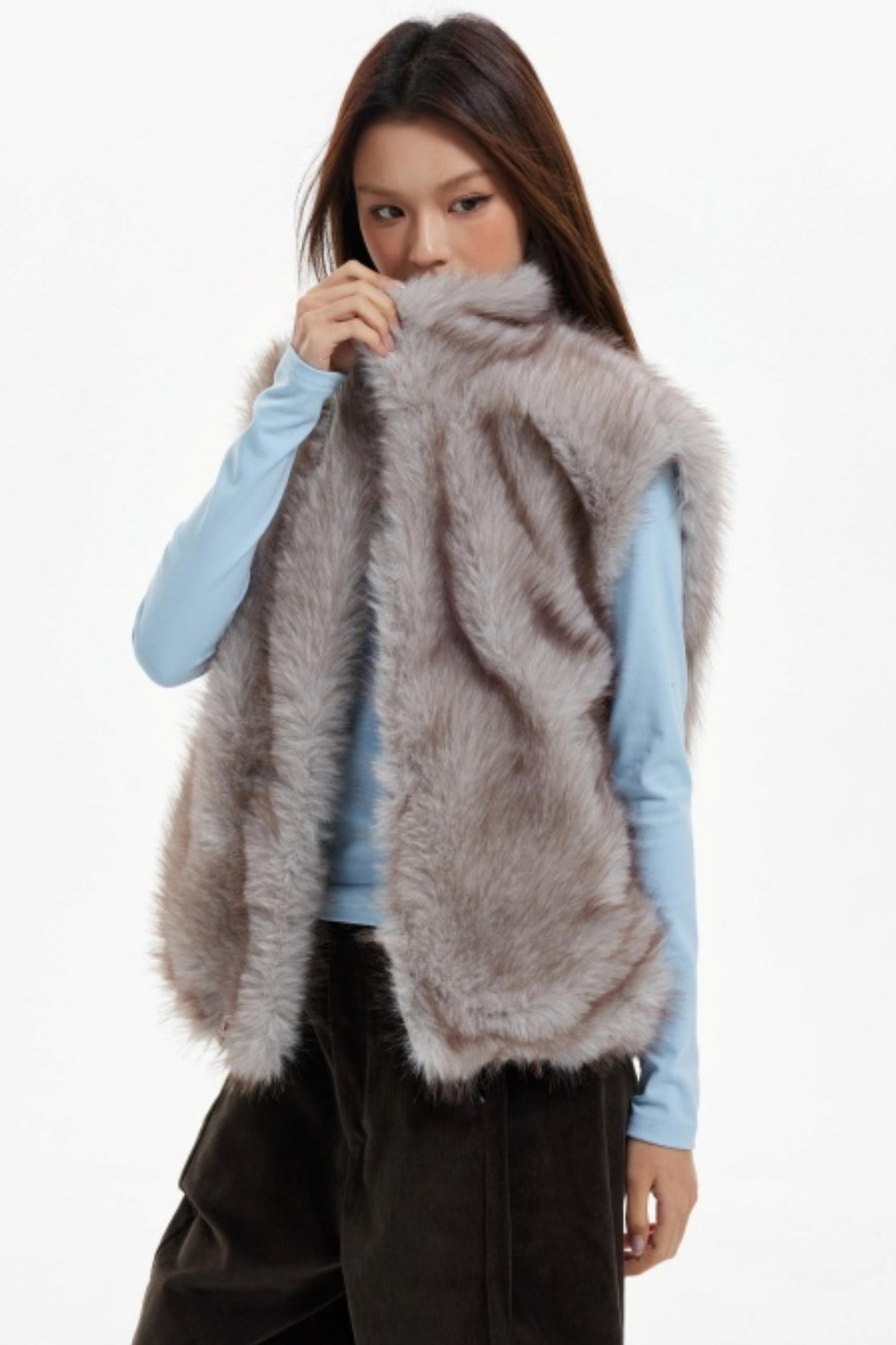 Plaid Lined Fur Vest Reversible Jacket