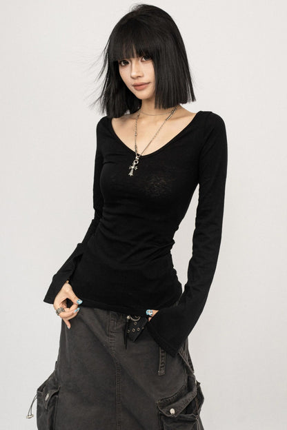 Autumn V-Neck Slim Black Top