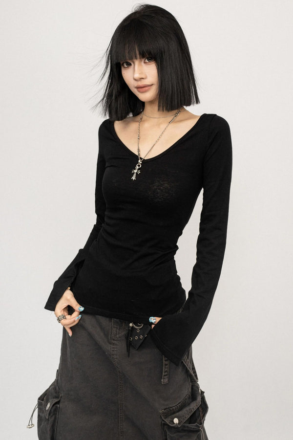 Autumn V-Neck Slim Black Top