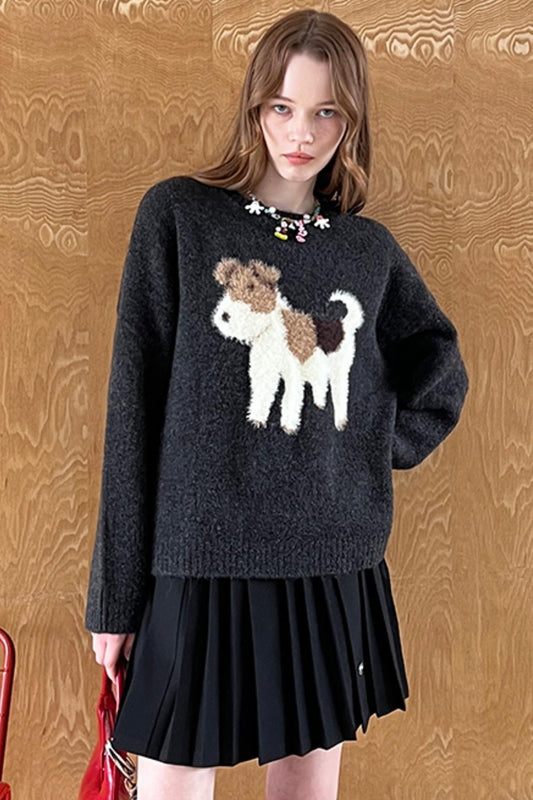 Cute Puppy Jacquard Pullover Sweater