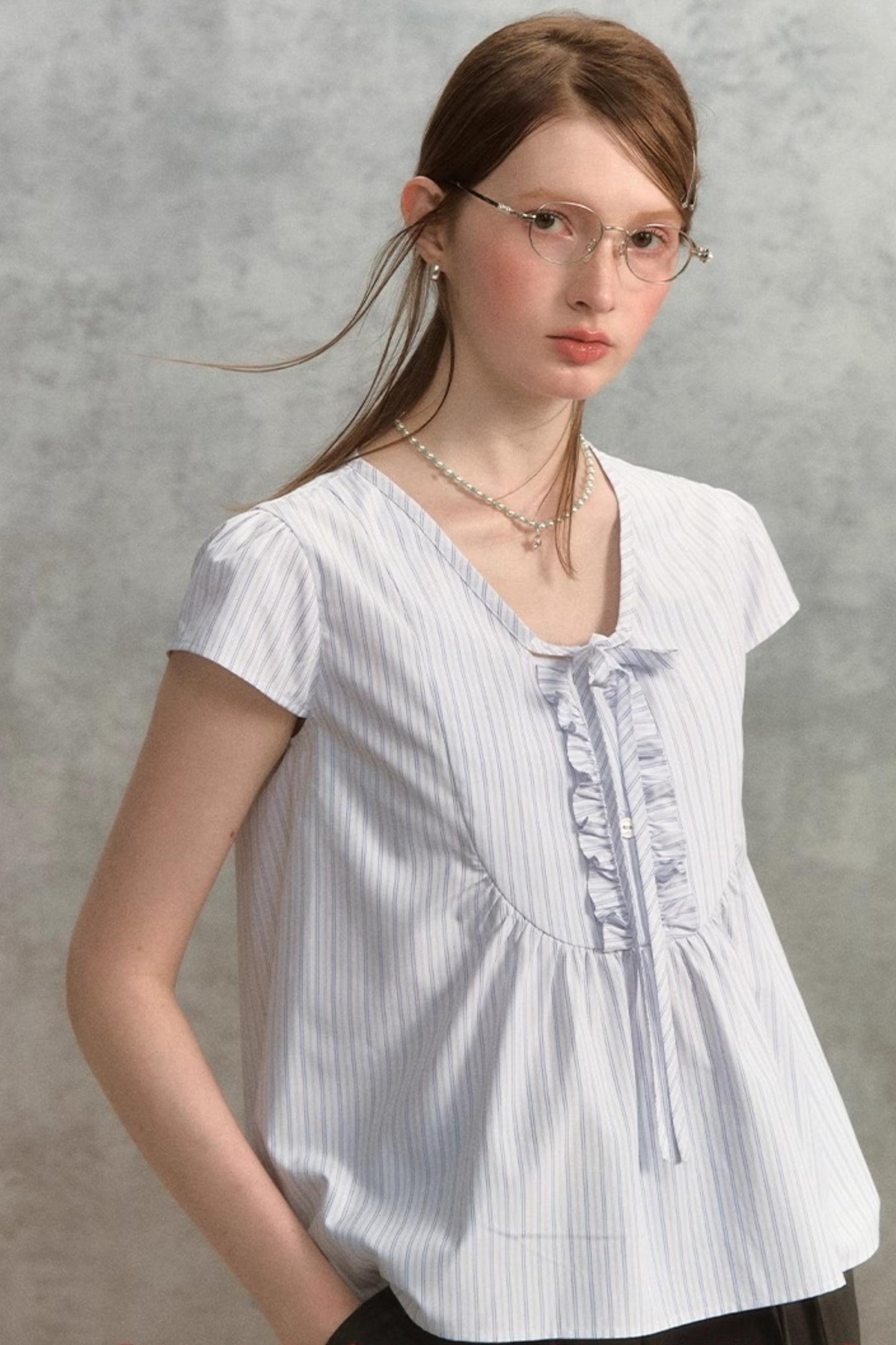 Striped V-Neck Lace Blouse