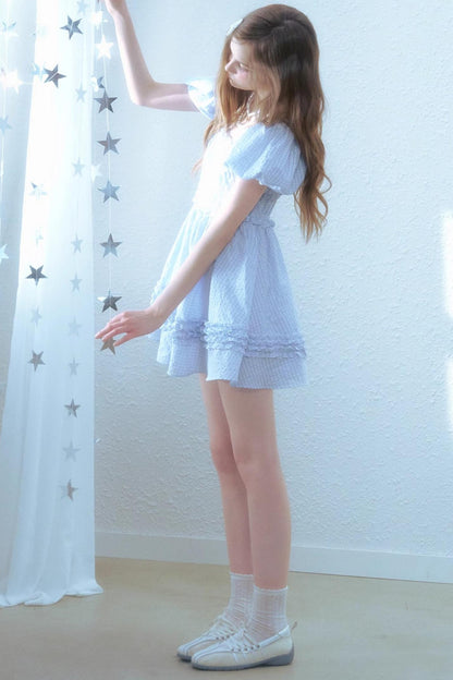 Blue Plaid Bubble Sleeves Dress