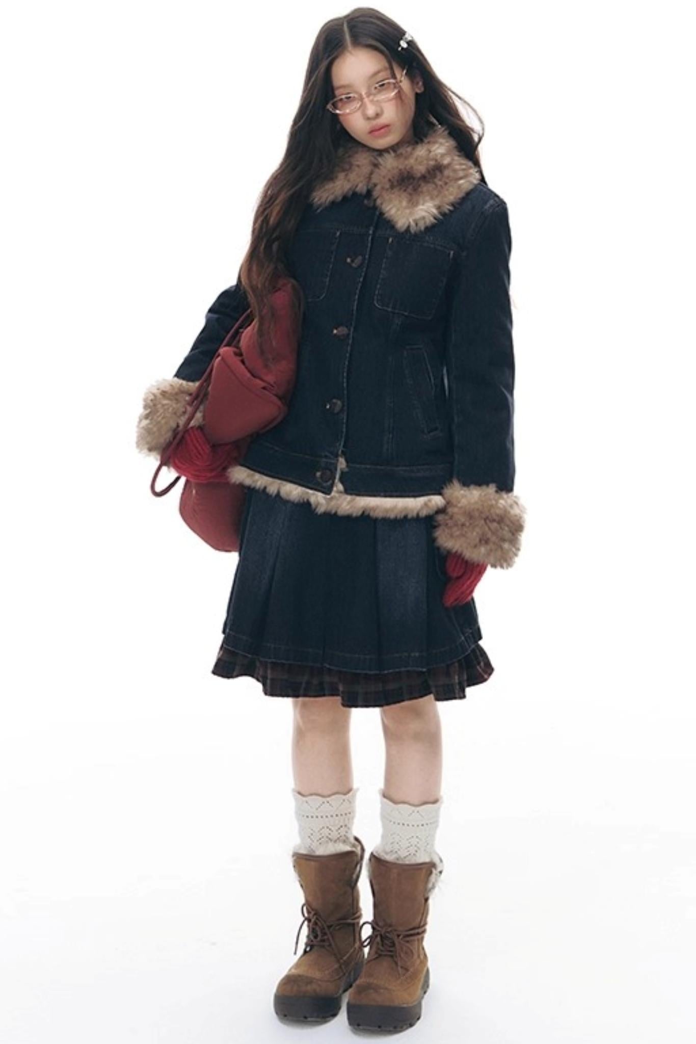 Detachable Fur Collar Denim Jacket Set-Up