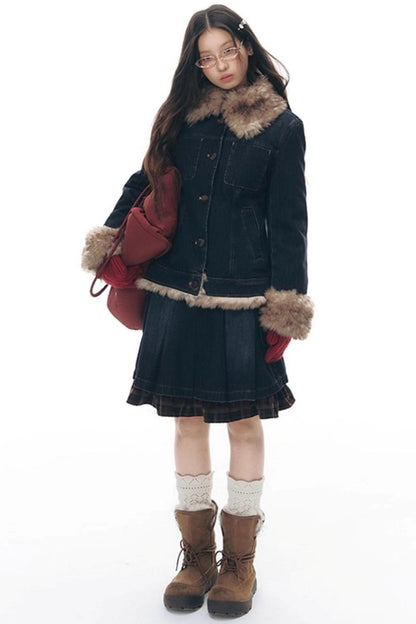 Detachable Fur Collar Denim Jacket Set-Up