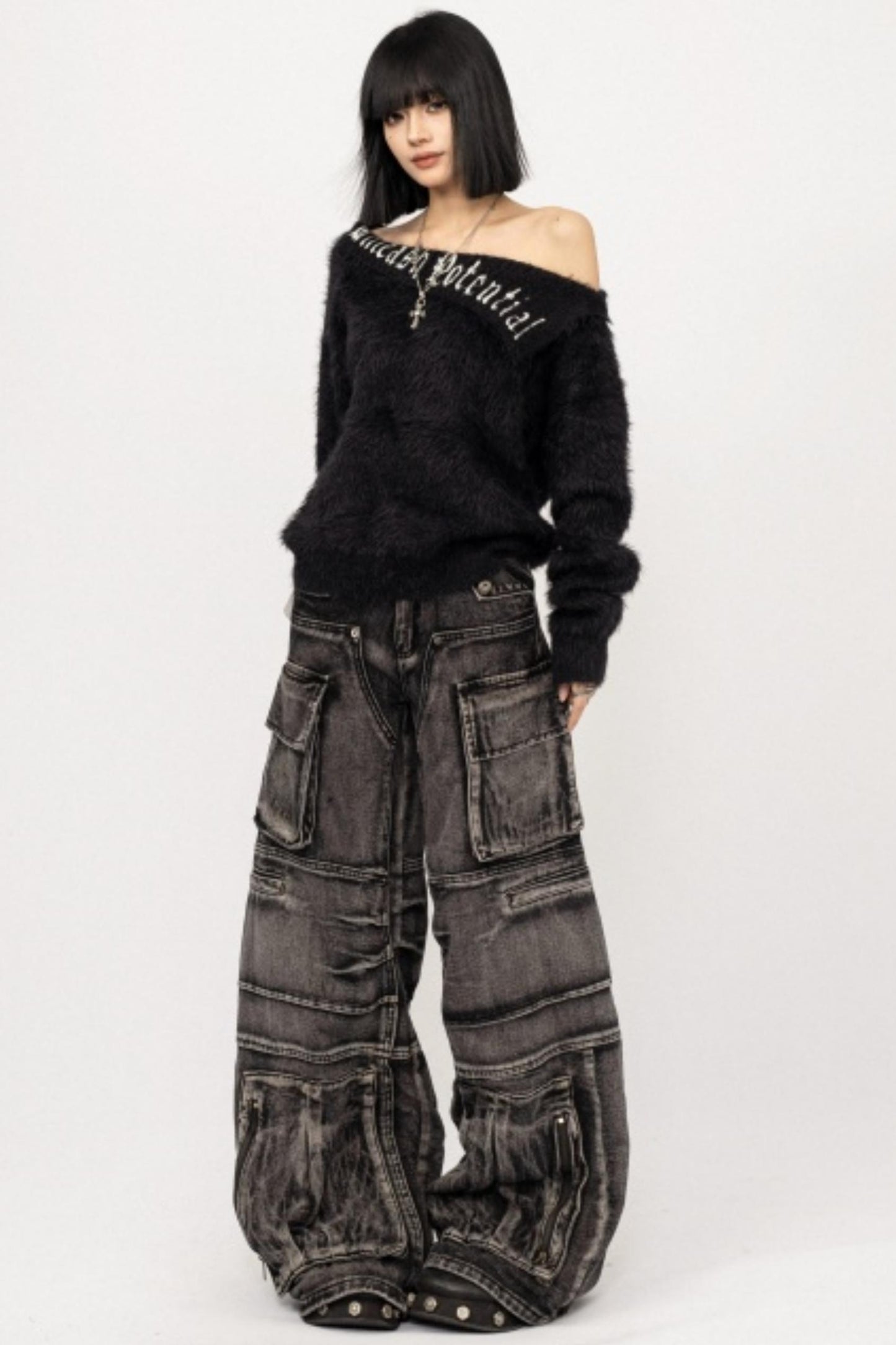 Retro Denim Wide-Leg Pants
