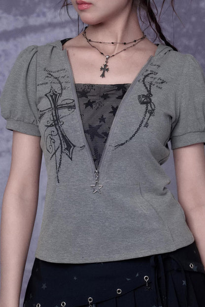 Gray Cross Hooded Top