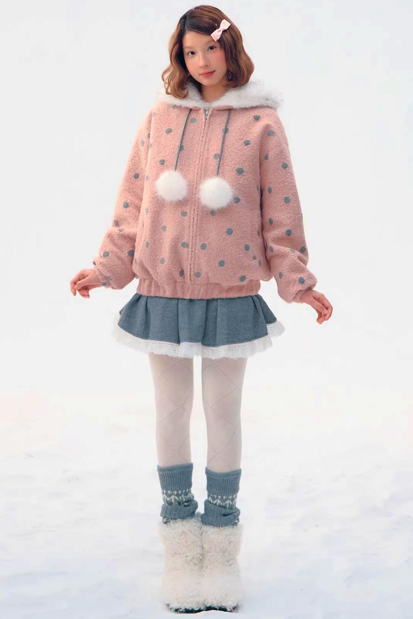 Pink Gray Polka Dot Hooded Jacket