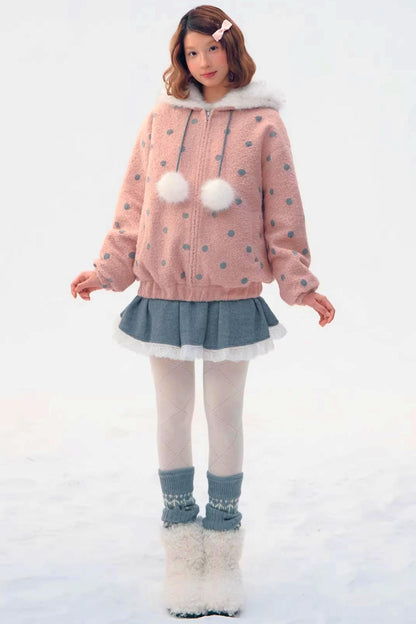 Pink Gray Polka Dot Hooded Jacket