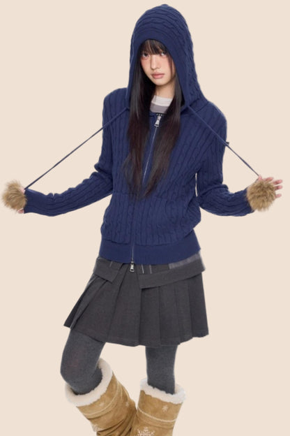 Furball Twisted Knit Hooded Cardigan