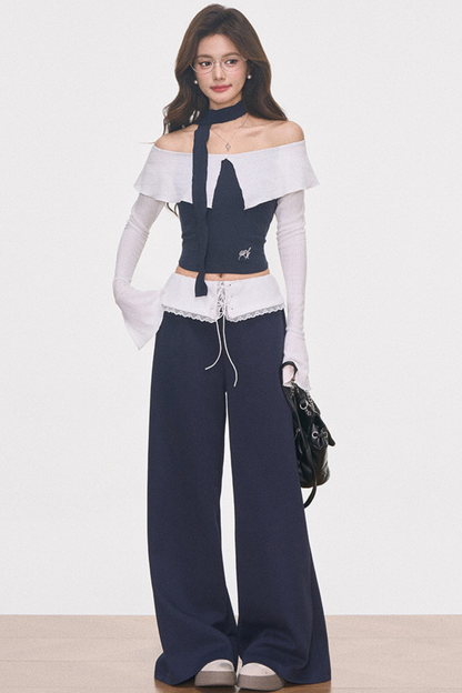 화이트 니트 원숄더 탑 셋업