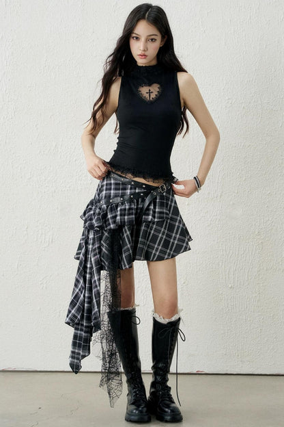 Irregular Hem Plaid Short Skirt
