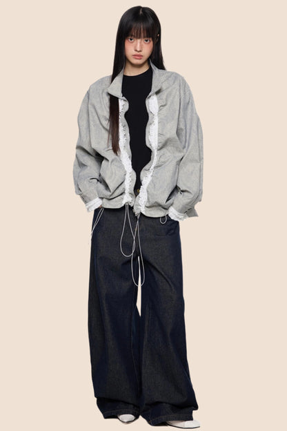 Loose Fit Pleated Lace Zip Jacket