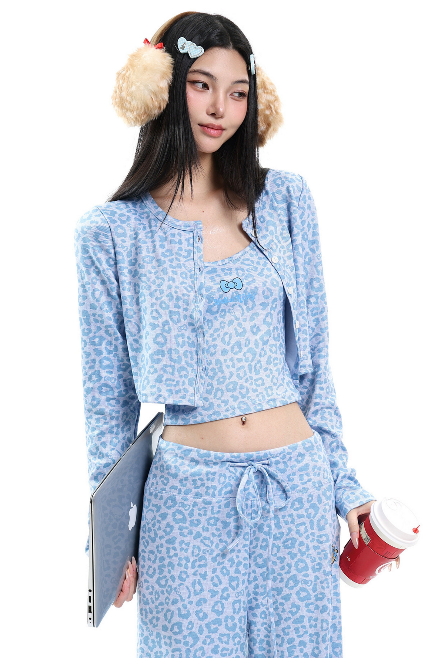 Blue Leopard Three-Piece Cardigan Set-Up