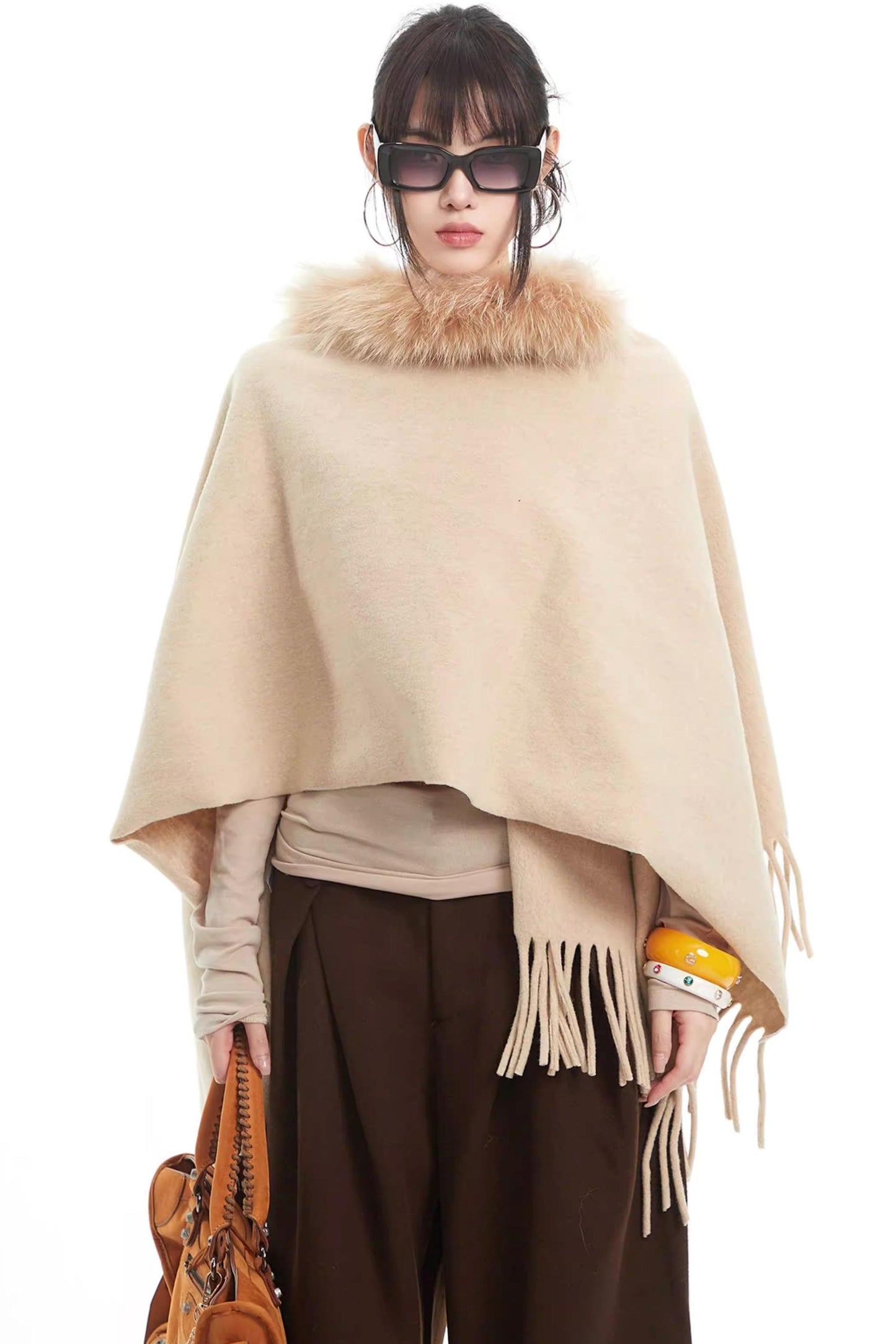 Khaki Fur Collar Knit Vest