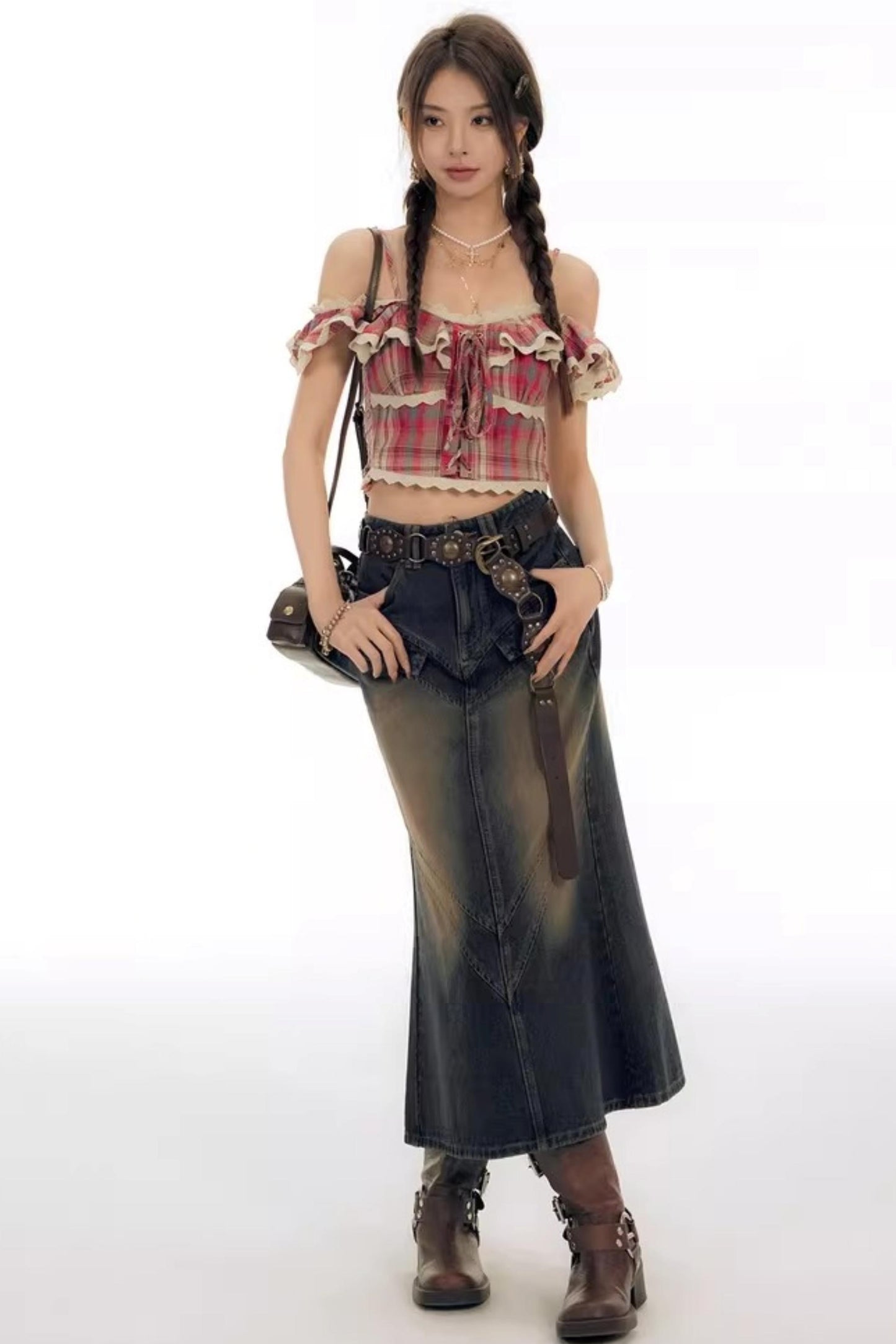 Chemisier rétro à carreaux à épaules dénudées