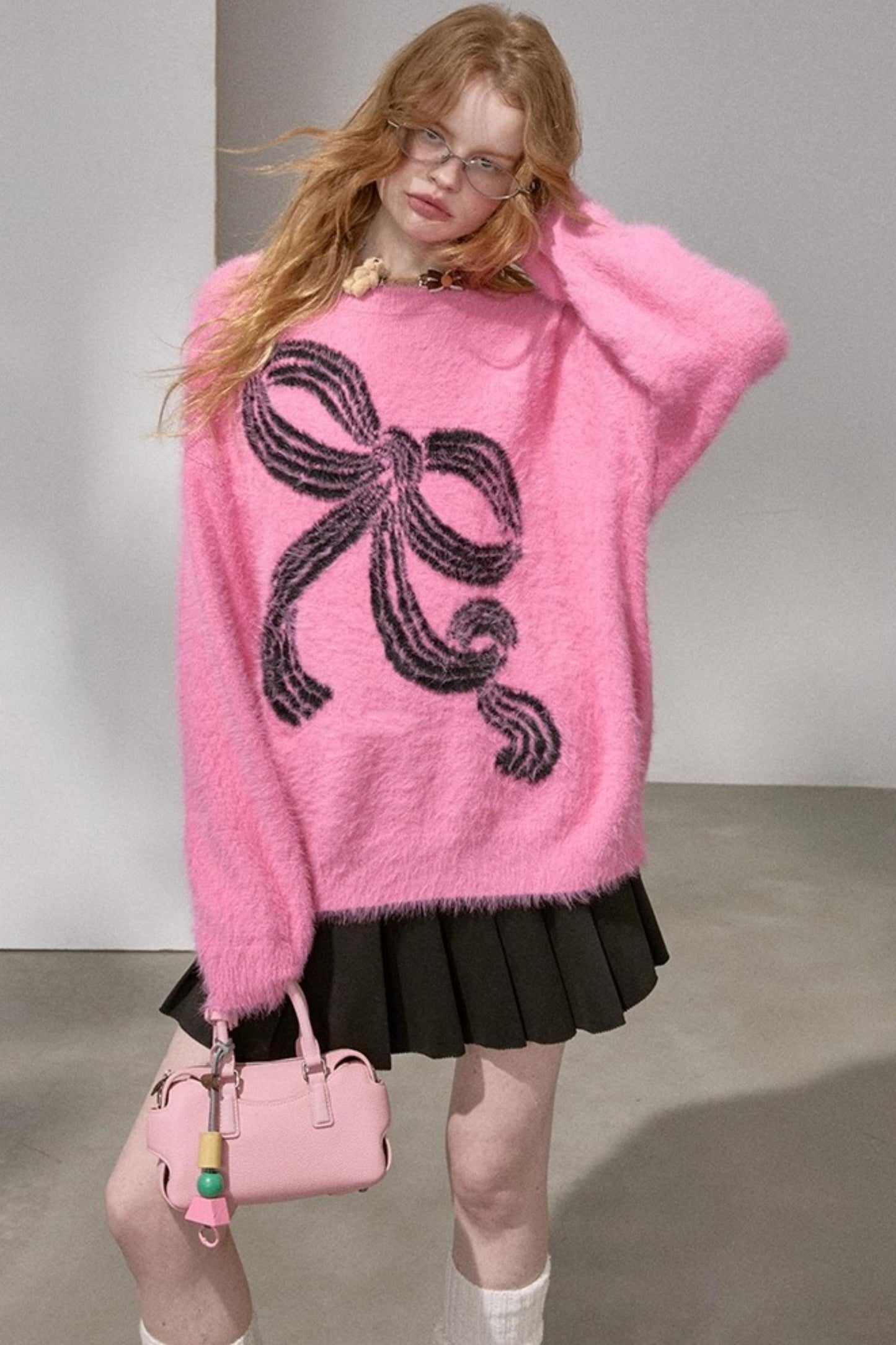 Striped Bow Faux Mink Sweater