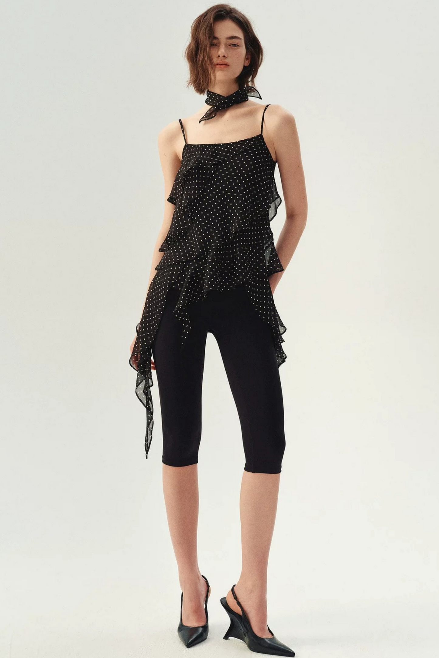 Polka Dot Asymmetric Ruffle Camisole