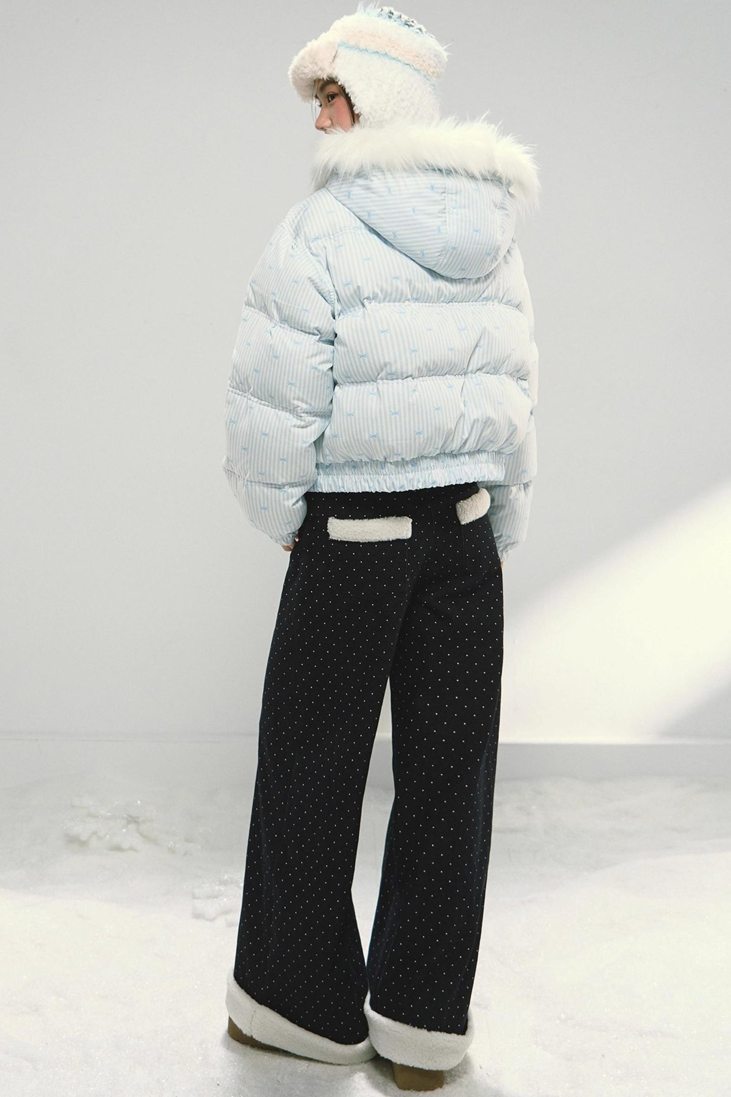 Dark Blue Polka Dot Patchwork Wide-Leg Jeans