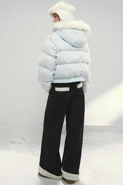 Dark Blue Polka Dot Patchwork Wide-Leg Jeans