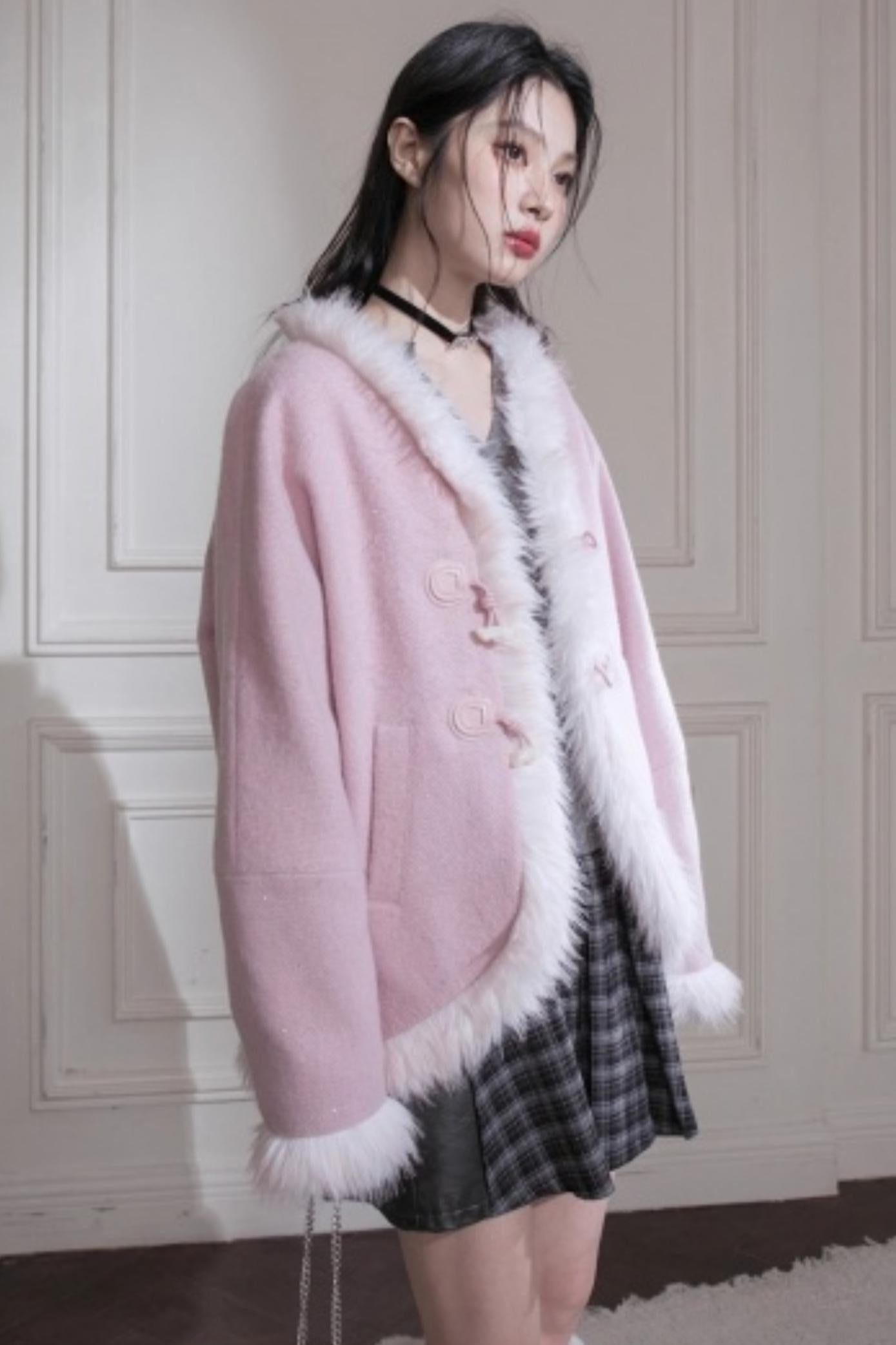 Snow Cherry Fleece Collar Wool Coat