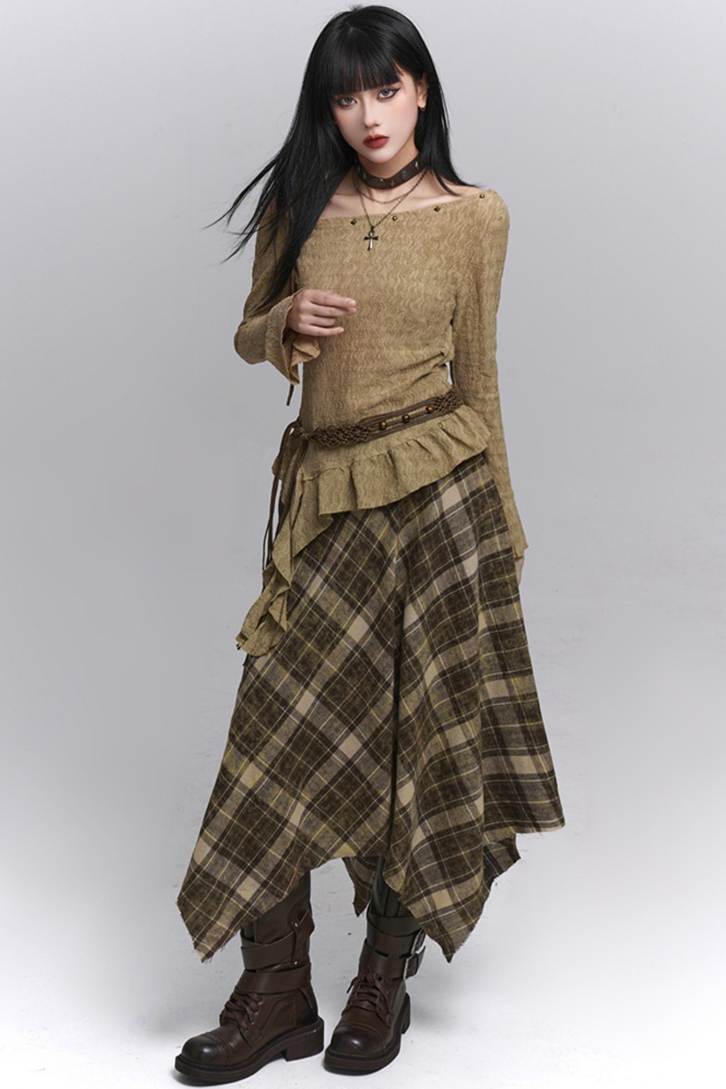 Beautiful Blue Plaid A-Line Skirt & Belt Set