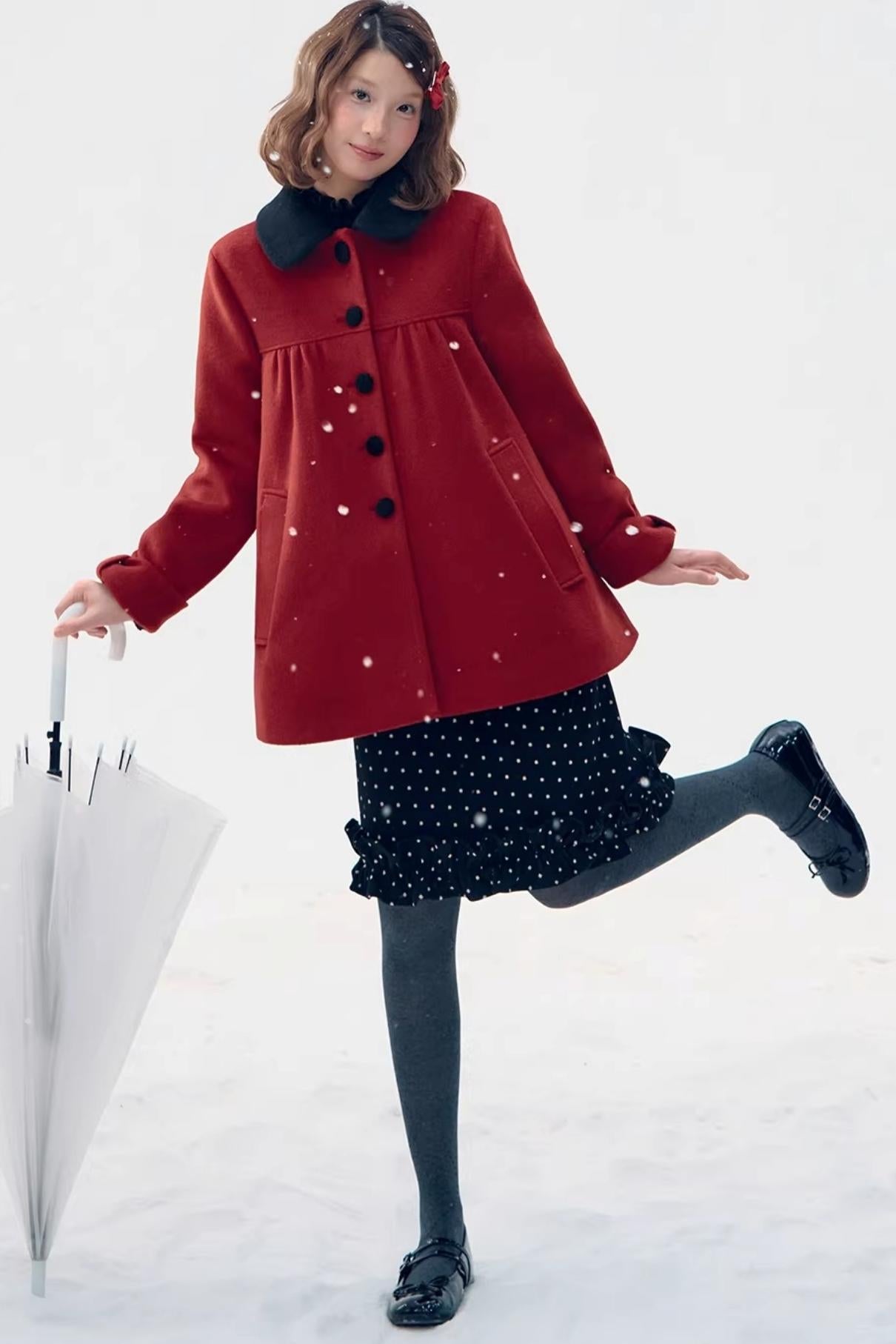 Red Woolen Doll Collar Coat