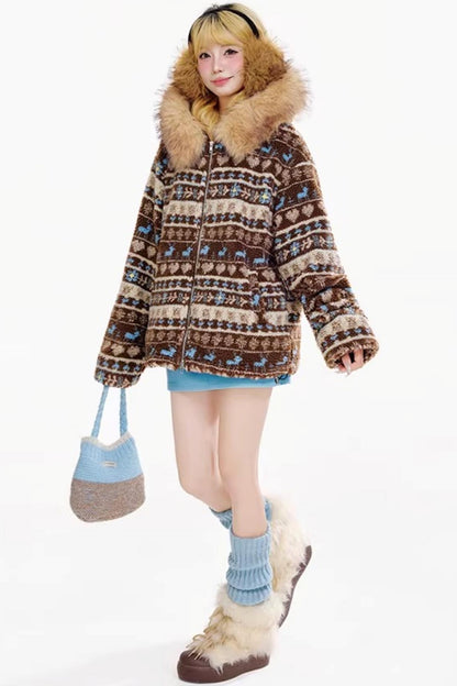 Fair Isle Lamb Wool Hooded Jacket
