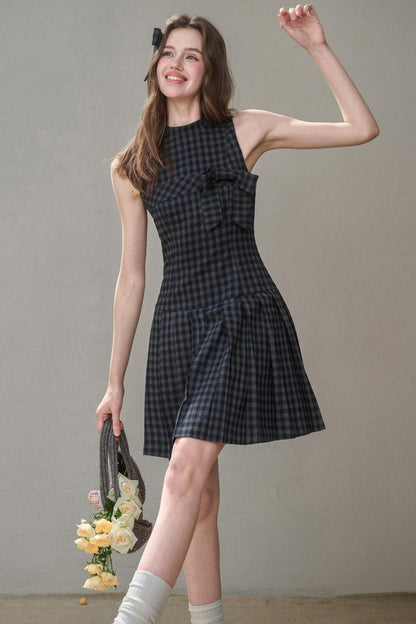 Elegant Bow Halterneck Check Pleated Dress