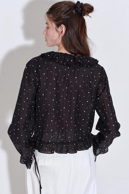 Romantic Ruffled Polka Dot V-Neck Blouse