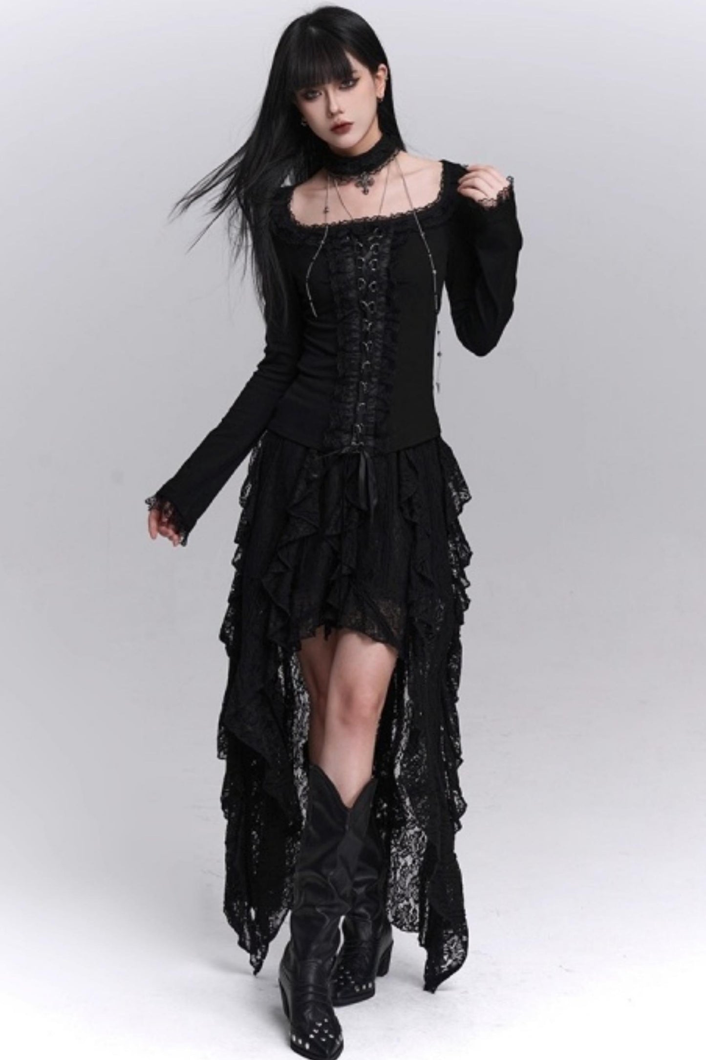 Gothic Black Slim Long Sleeve Top