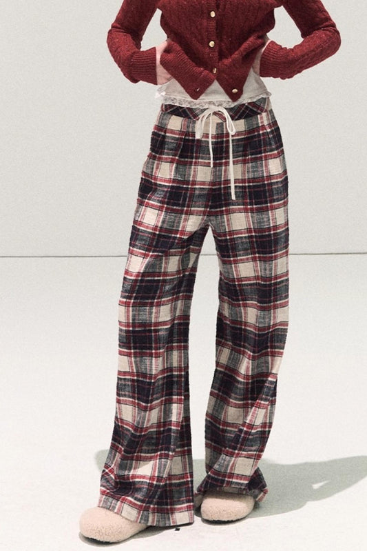 Pure Cotton Plaid Wide-Leg Pants